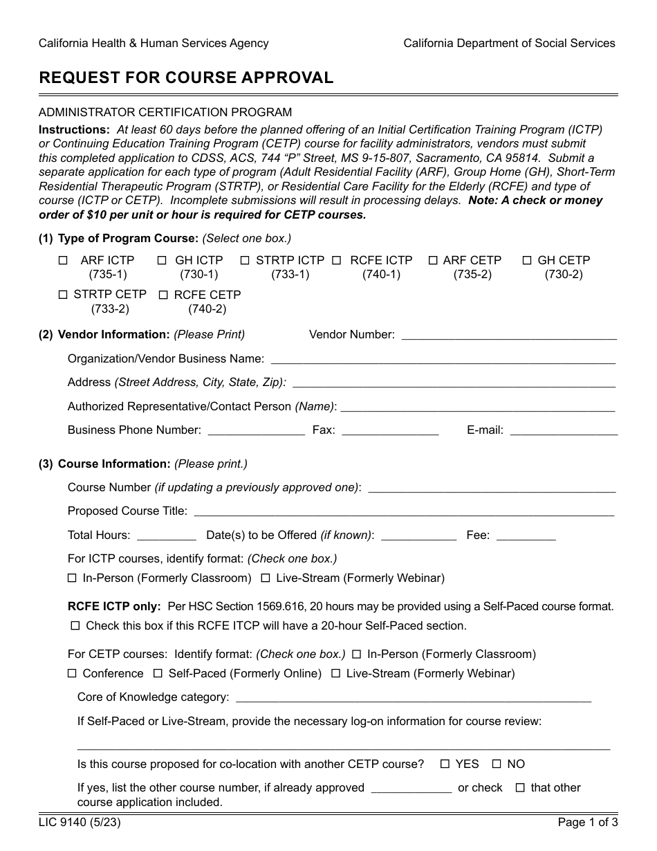 Form LIC9140 Request for Course Approval - California, Page 1