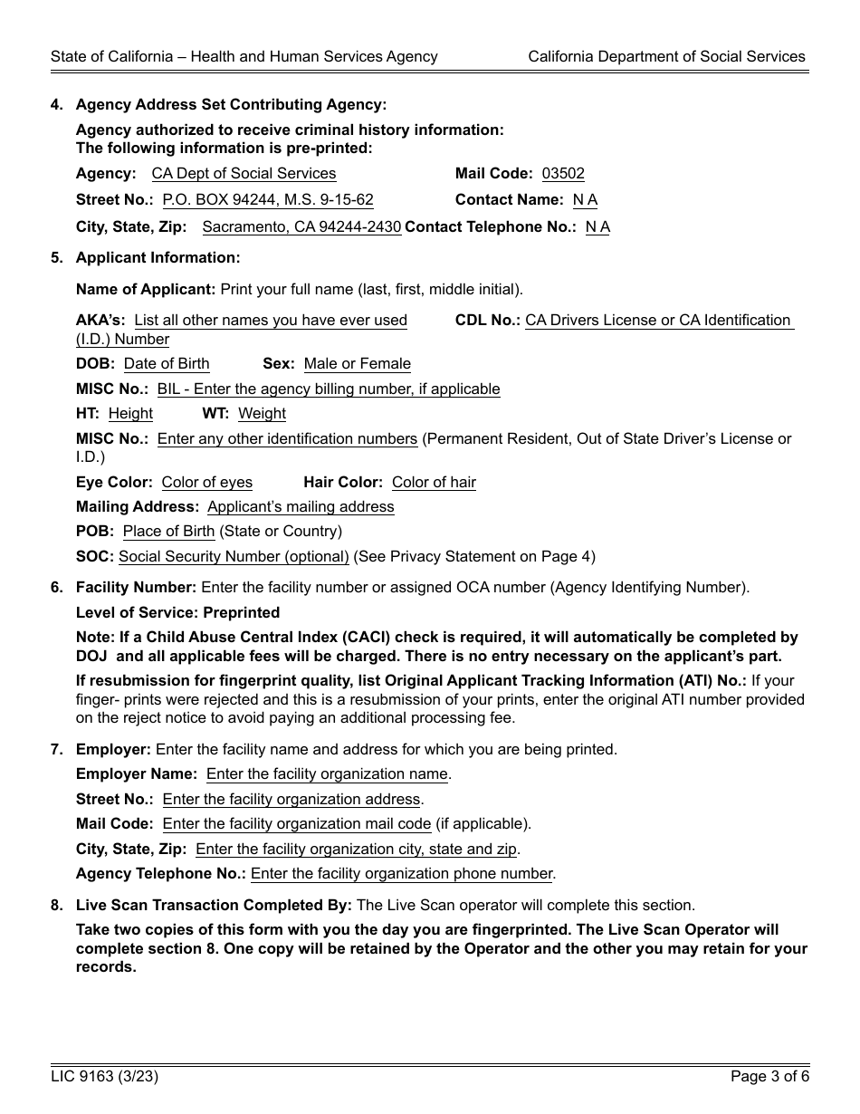 Form LIC9163 Request for Live Scan Service - Community Care Licensing - California, Page 3