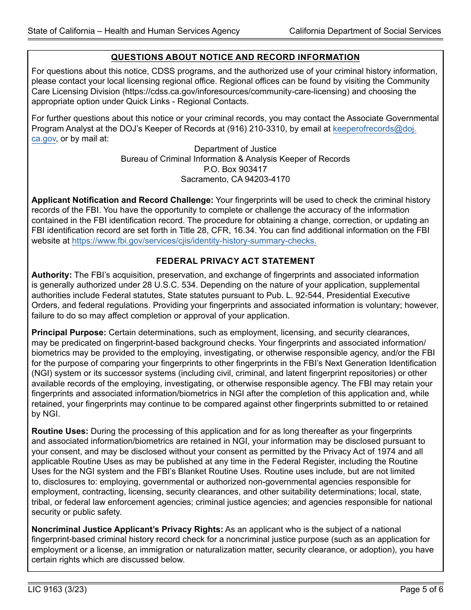 Form LIC9163 Request for Live Scan Service - Community Care Licensing - California, Page 5
