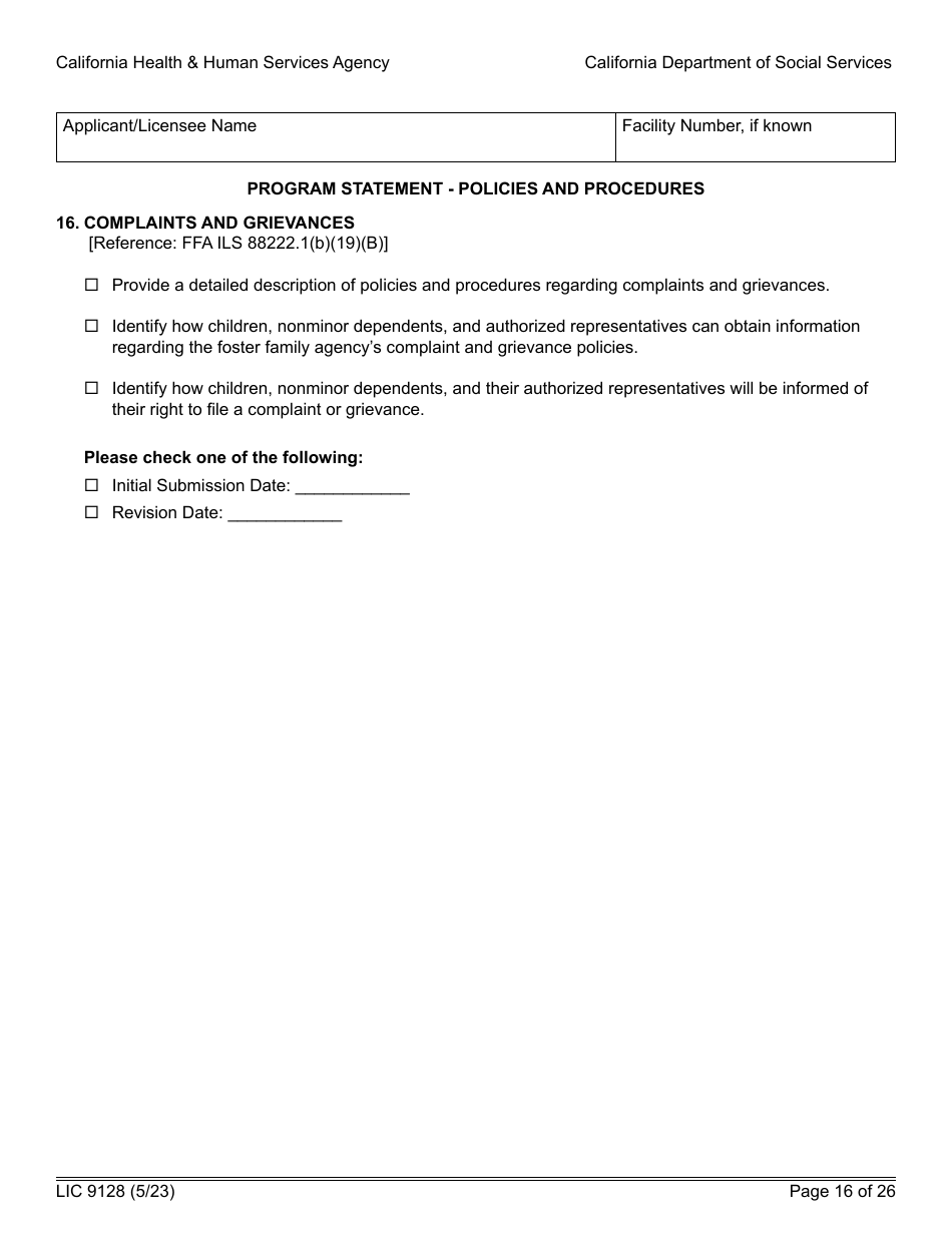 Form LIC9128 Foster Family Agency Program Statement - California, Page 22
