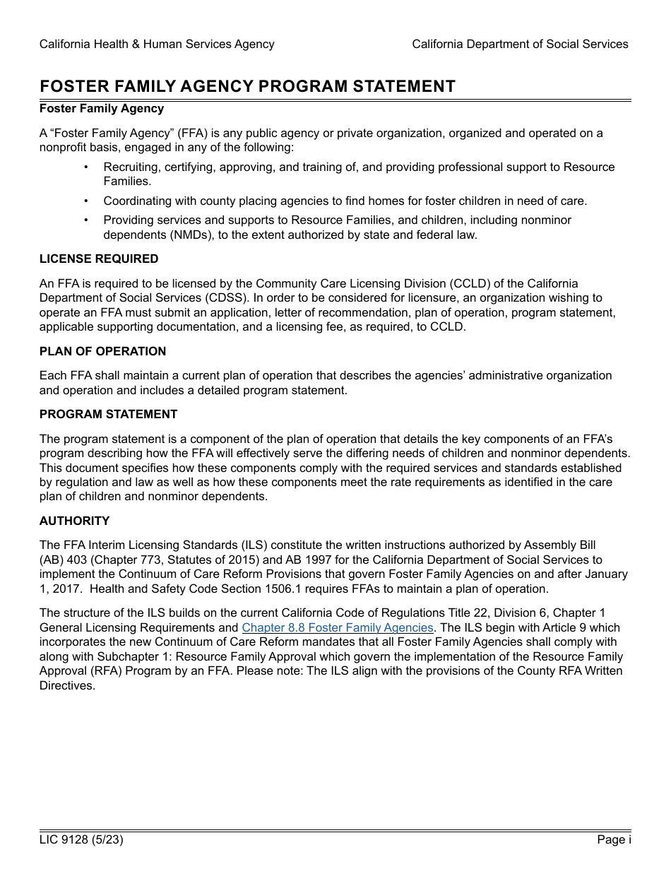 Form LIC9128 Foster Family Agency Program Statement - California, Page 2