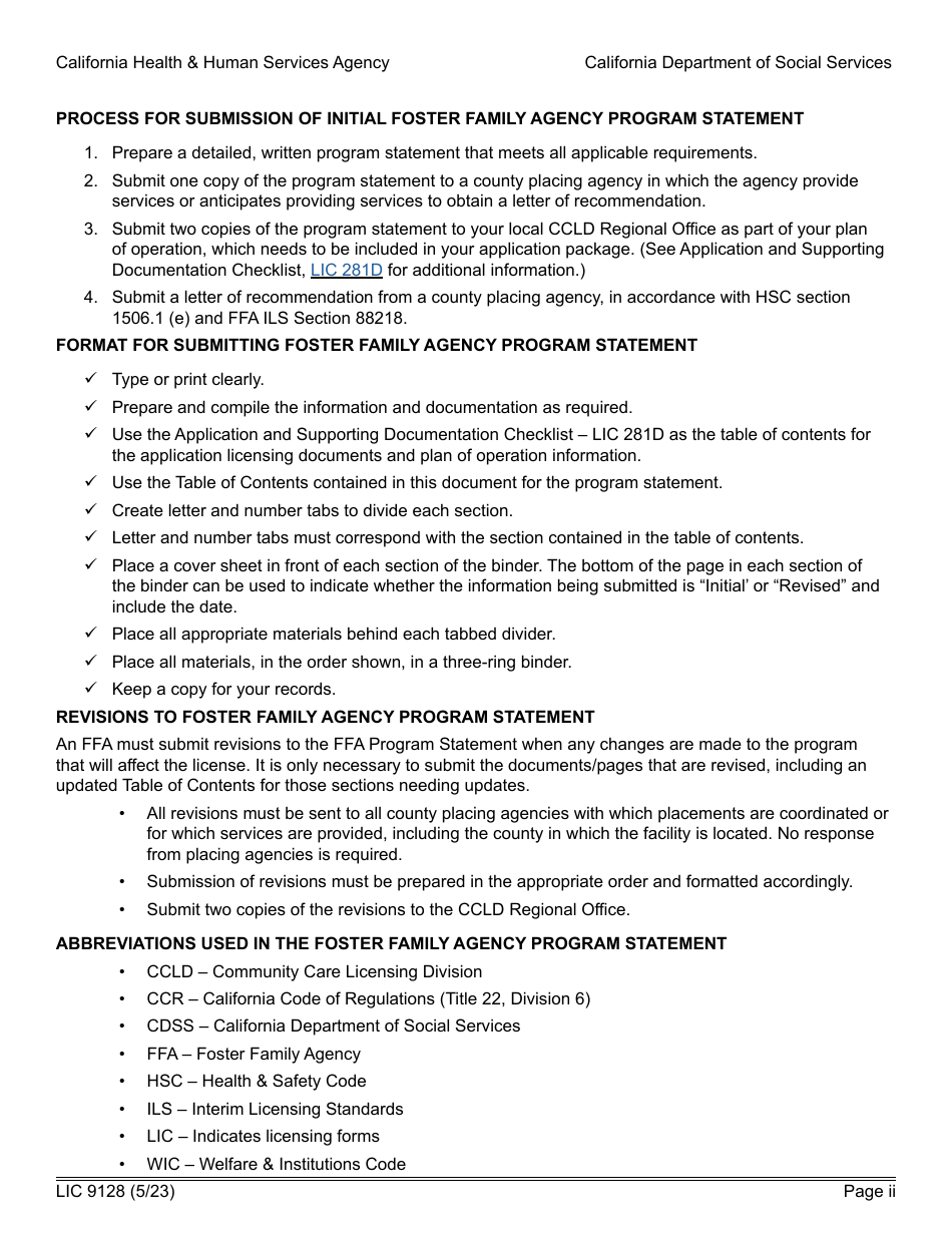Form LIC9128 Foster Family Agency Program Statement - California, Page 3