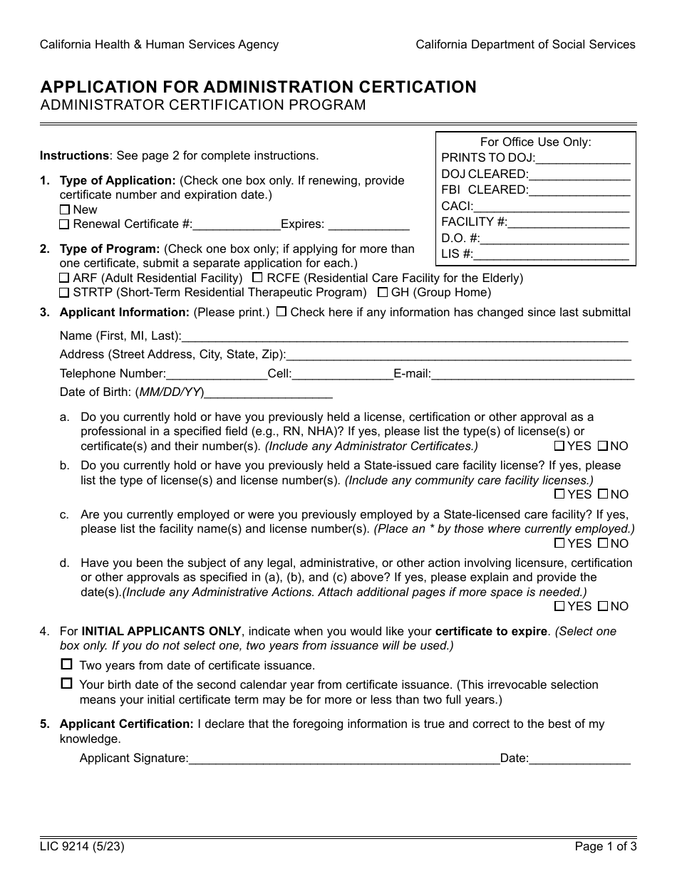 Form LIC9214 Application for Administration Certication - Administrator Certification Program - California, Page 1