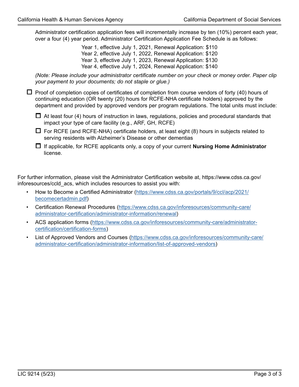 Form LIC9214 Application for Administration Certication - Administrator Certification Program - California, Page 3