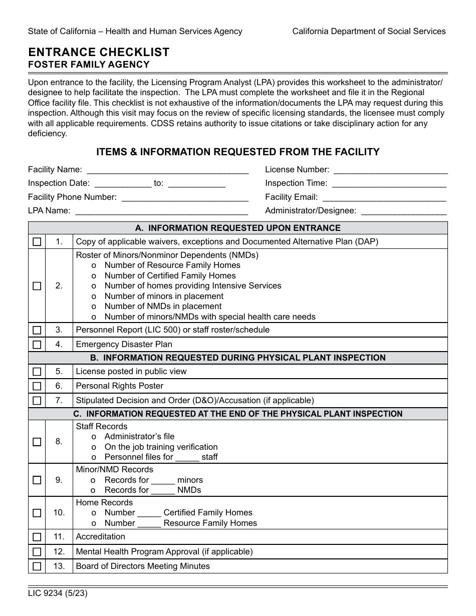 Form LIC9234 Entrance Checklist - Foster Family Agency - California, Page 1