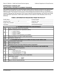 Document preview: Form LIC9238 Entrance Checklist - Transitional Housing Placement Program - California