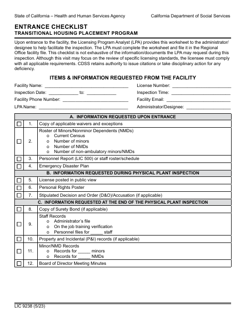 Form LIC9238 Entrance Checklist - Transitional Housing Placement Program - California
