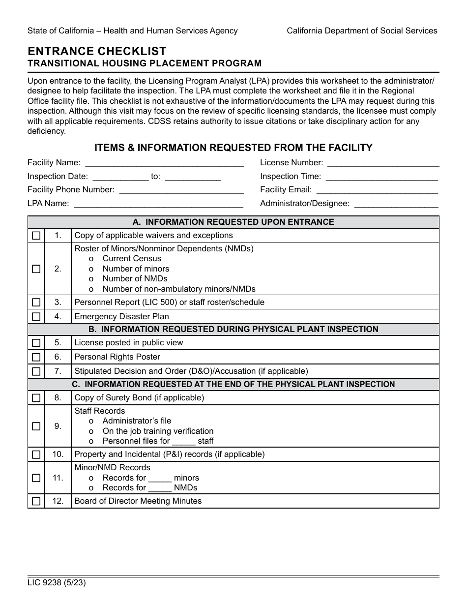 Form LIC9238 Entrance Checklist - Transitional Housing Placement Program - California, Page 1