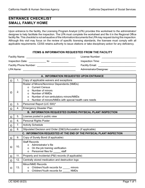 Form LIC9240 Entrance Checklist - Small Family Home - California