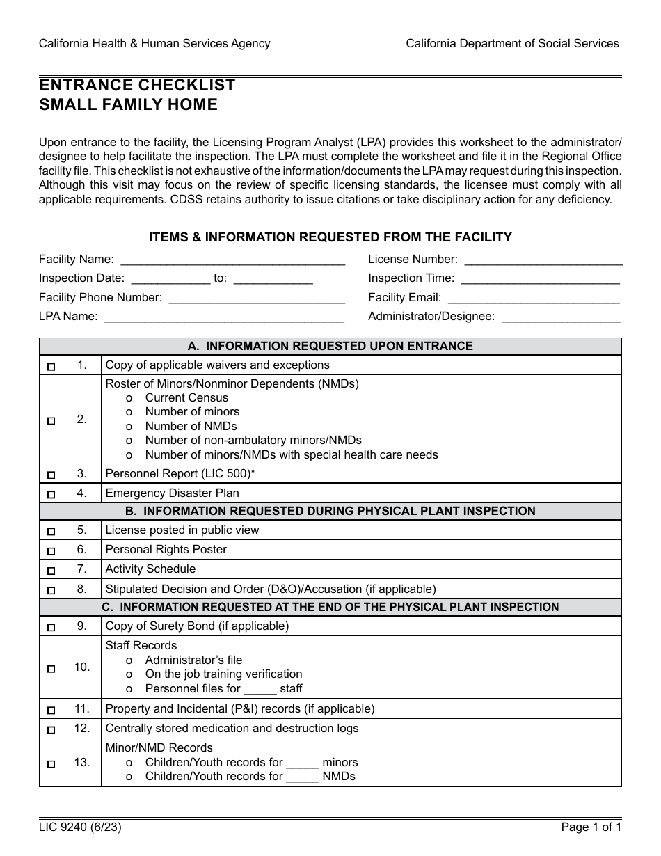 Form LIC9240 Entrance Checklist - Small Family Home - California, Page 1