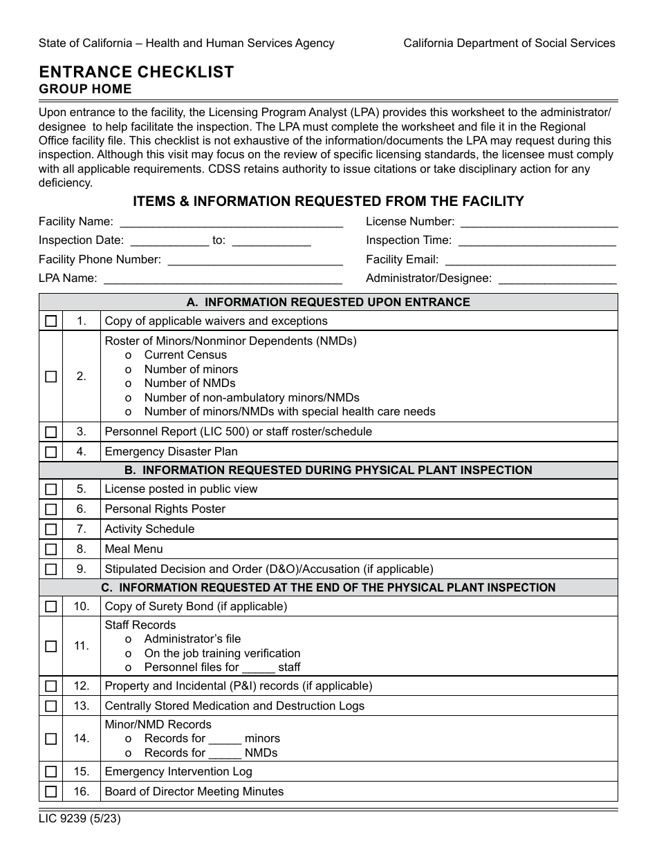 Form LIC9239 Entrance Checklist - Group Home - California, Page 1