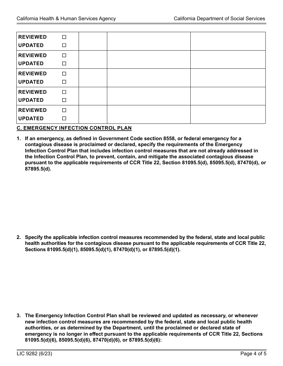 Form LIC9282 Residential Infection Control Plan - Adult Residential Facilities, Enhanced Behavioral Supports Homes, Community Crisis Homes, Residential Care Facilities for the Elderly, Residential Care Facilities for the Chronically Ill, and Social Rehabilitation Facilities - California, Page 4