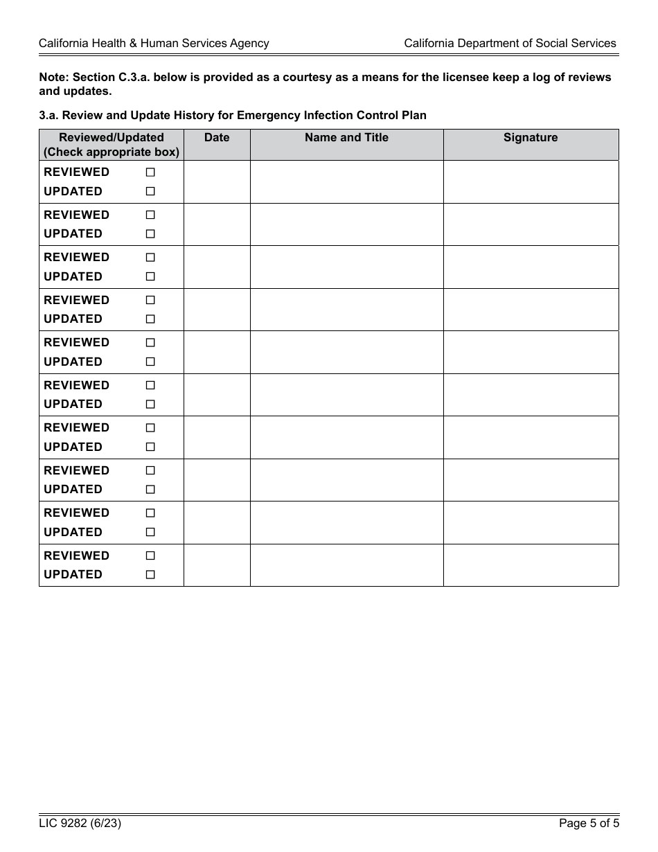Form LIC9282 Residential Infection Control Plan - Adult Residential Facilities, Enhanced Behavioral Supports Homes, Community Crisis Homes, Residential Care Facilities for the Elderly, Residential Care Facilities for the Chronically Ill, and Social Rehabilitation Facilities - California, Page 5