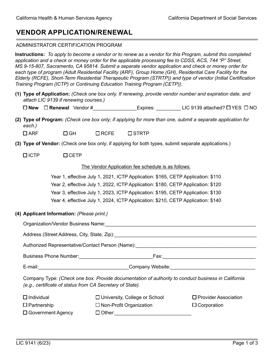 Form LIC9141 Vendor Application / Renewal - Administrator Certification Program - California, Page 1