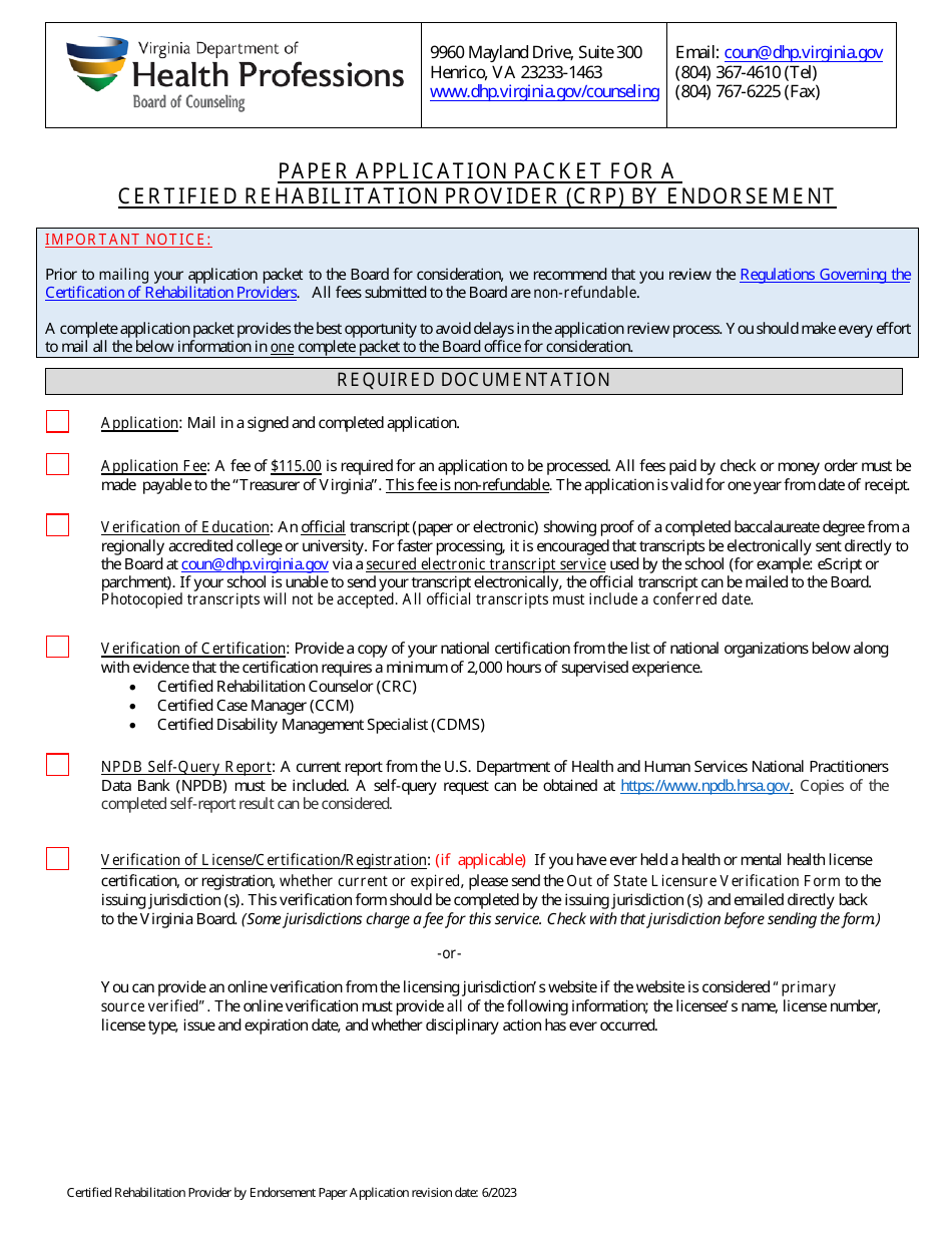Paper Application Packet for a Certified Rehabilitation Provider (Crp) by Endorsement - Virginia, Page 1