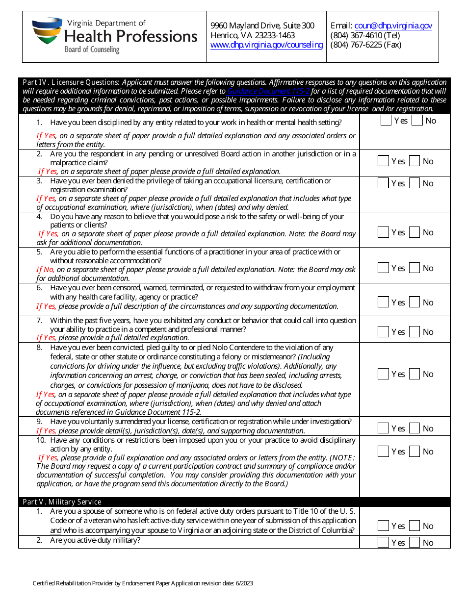 Paper Application Packet for a Certified Rehabilitation Provider (Crp) by Endorsement - Virginia, Page 4