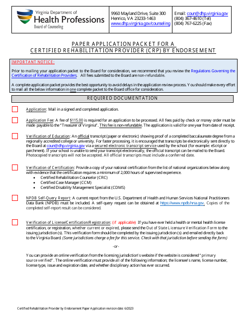 Paper Application Packet for a Certified Rehabilitation Provider (Crp) by Endorsement - Virginia Download Pdf