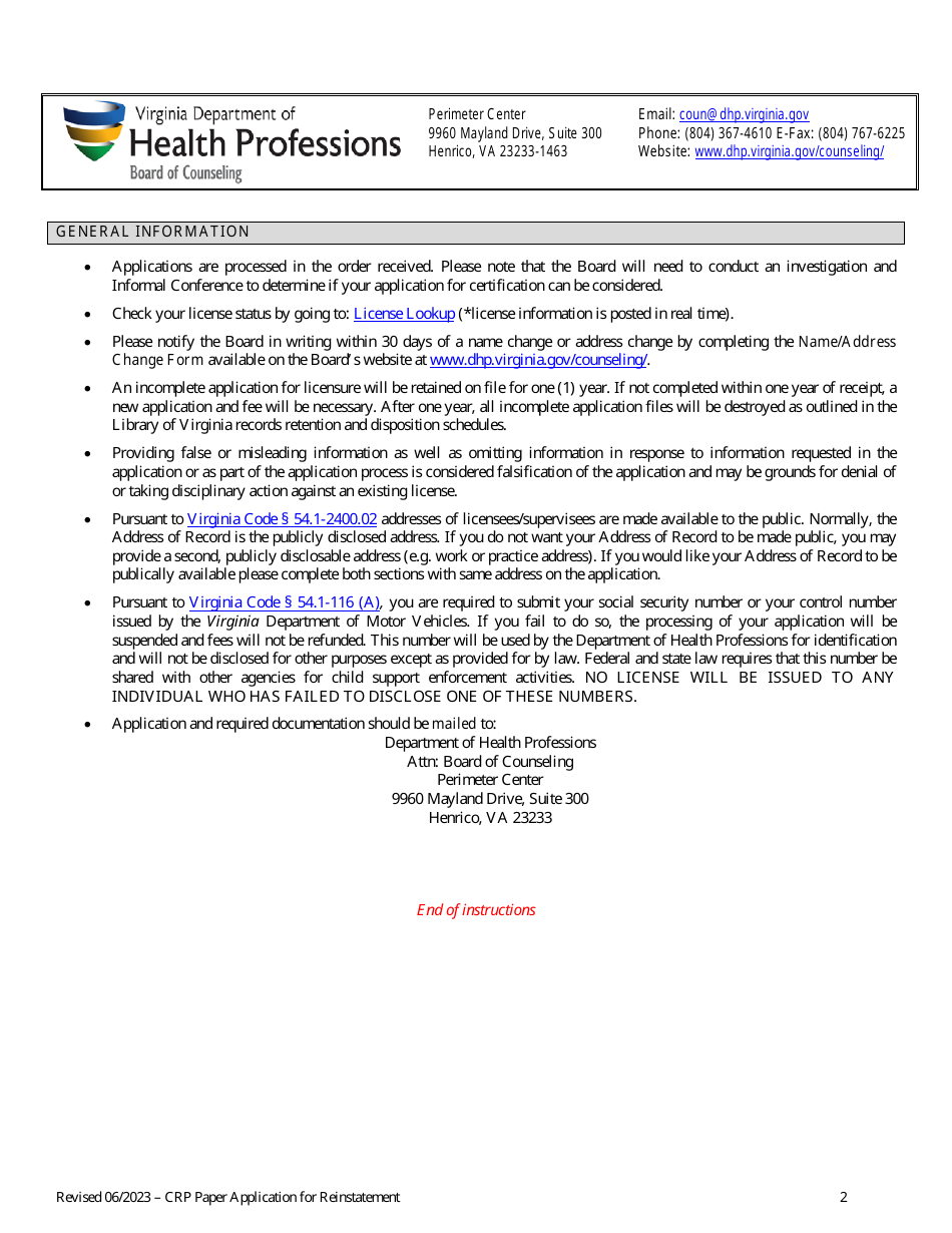 Application for Reinstatement Application for Certified Rehabilitation Provider Following Revocation or Suspension - Virginia, Page 2