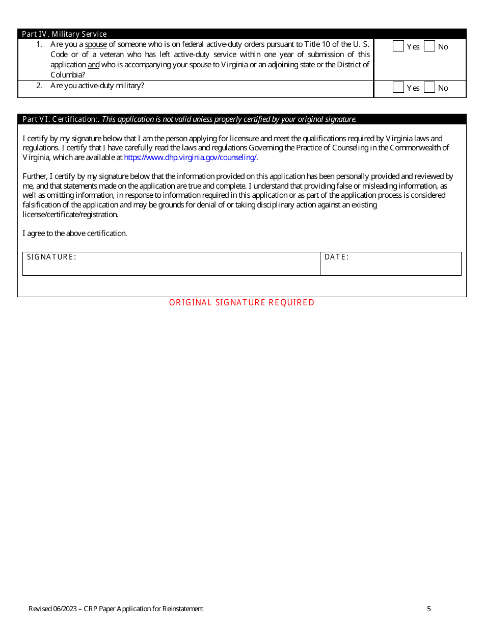 Application for Reinstatement Application for Certified Rehabilitation Provider Following Revocation or Suspension - Virginia, Page 5