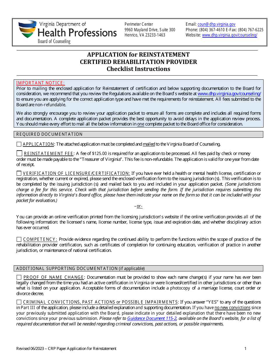 Application for Reinstatement Certified Rehabilitation Provider - Virginia, Page 1