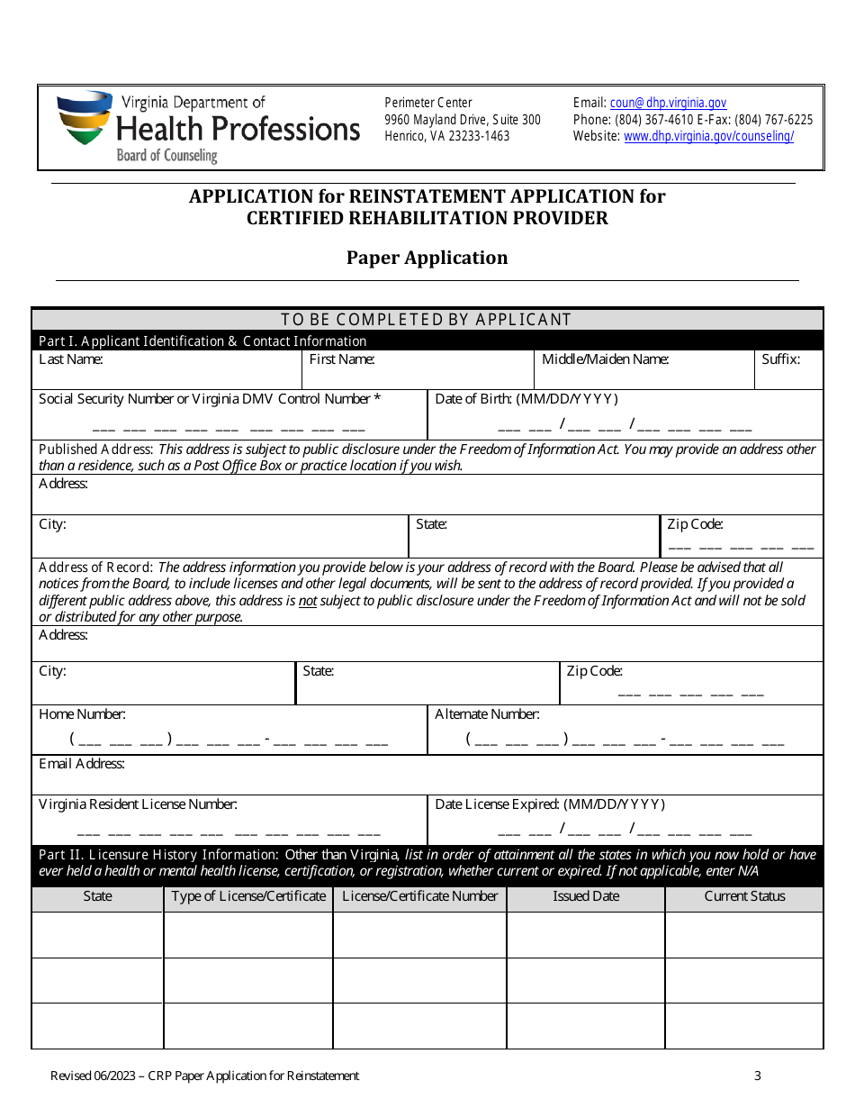 Application for Reinstatement Certified Rehabilitation Provider - Virginia, Page 3