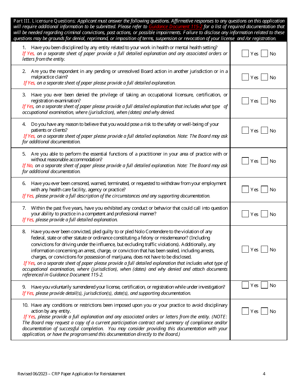 Application for Reinstatement Certified Rehabilitation Provider - Virginia, Page 4