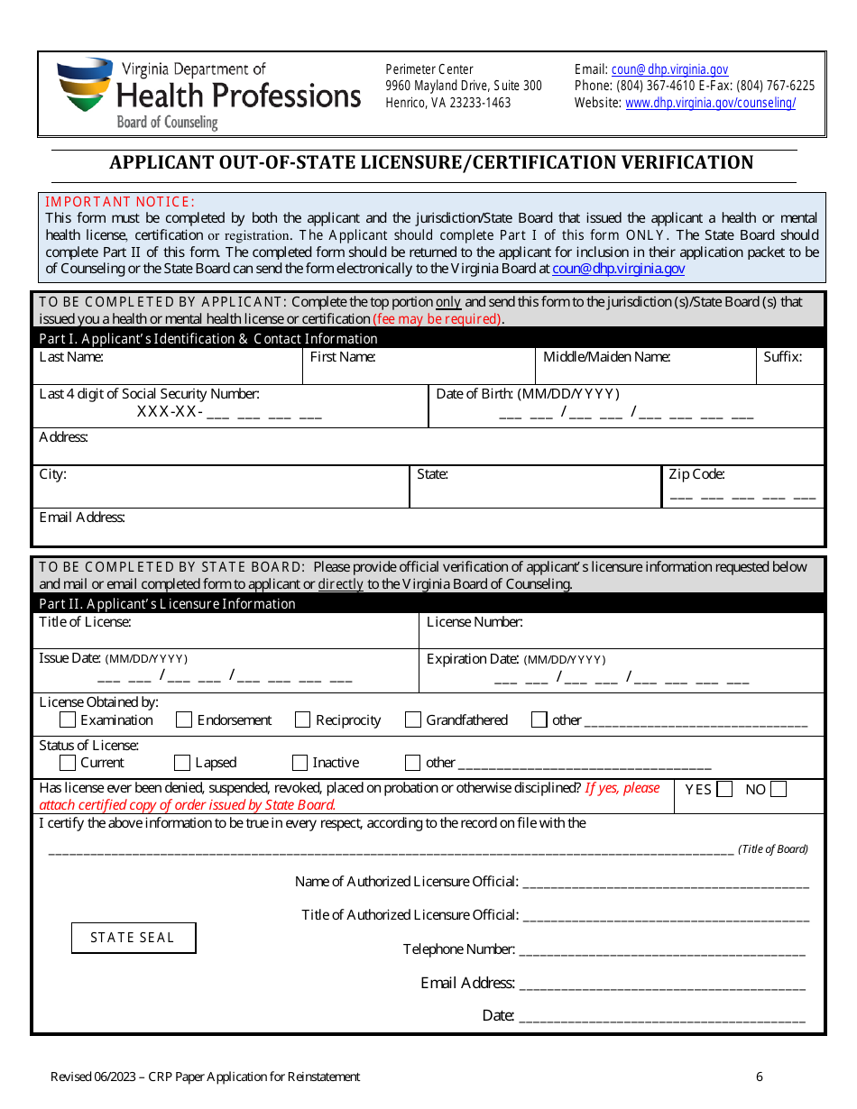 Application for Reinstatement Certified Rehabilitation Provider - Virginia, Page 6