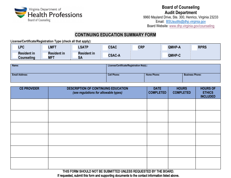 Continuing Education Summary Form - Virginia, Page 1