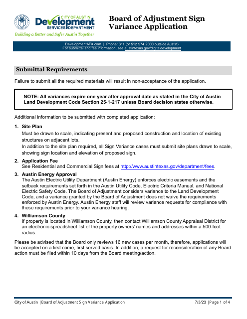 Board of Adjustment Sign Variance Application - City of Austin, Texas Download Pdf