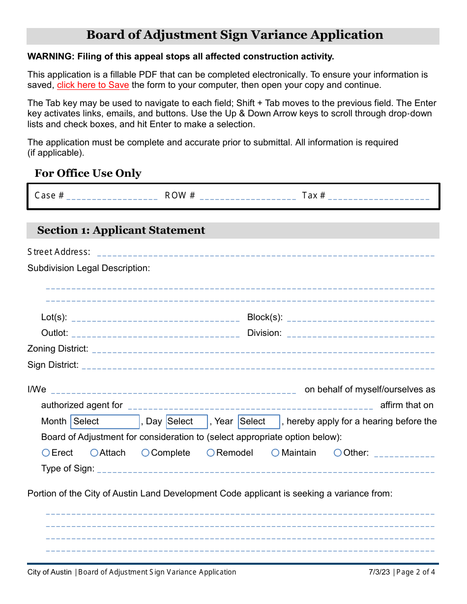 Board of Adjustment Sign Variance Application - City of Austin, Texas, Page 2