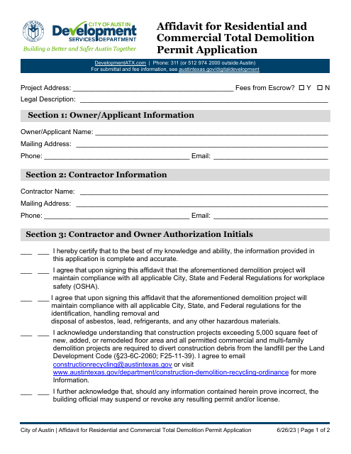 Affidavit for Residential and Commercial Total Demolition Permit Application - City of Austin, Texas Download Pdf