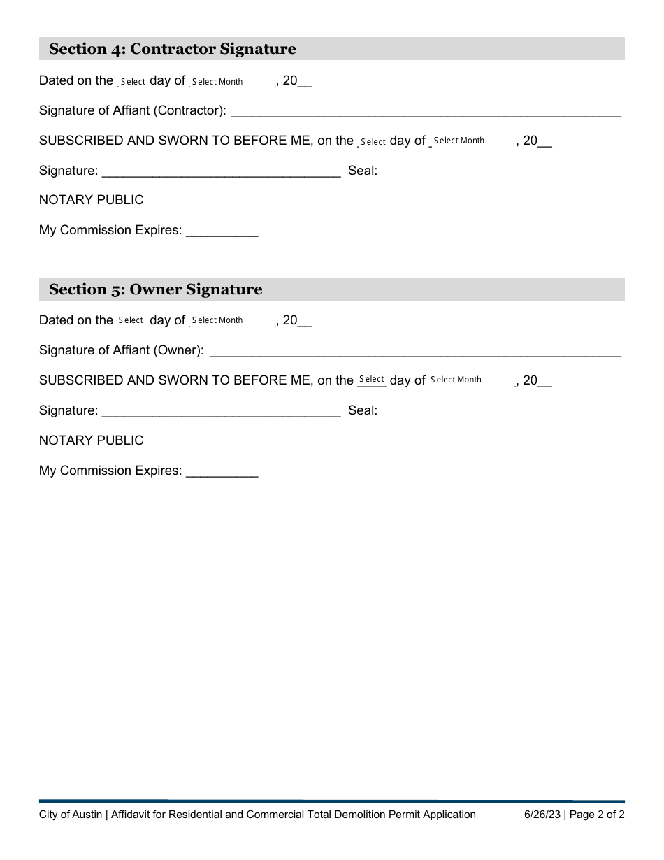 Affidavit for Residential and Commercial Total Demolition Permit Application - City of Austin, Texas, Page 2