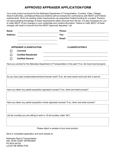 Approved Appraiser Application Form - Nebraska