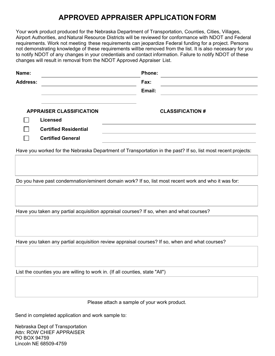 Approved Appraiser Application Form - Nebraska, Page 1