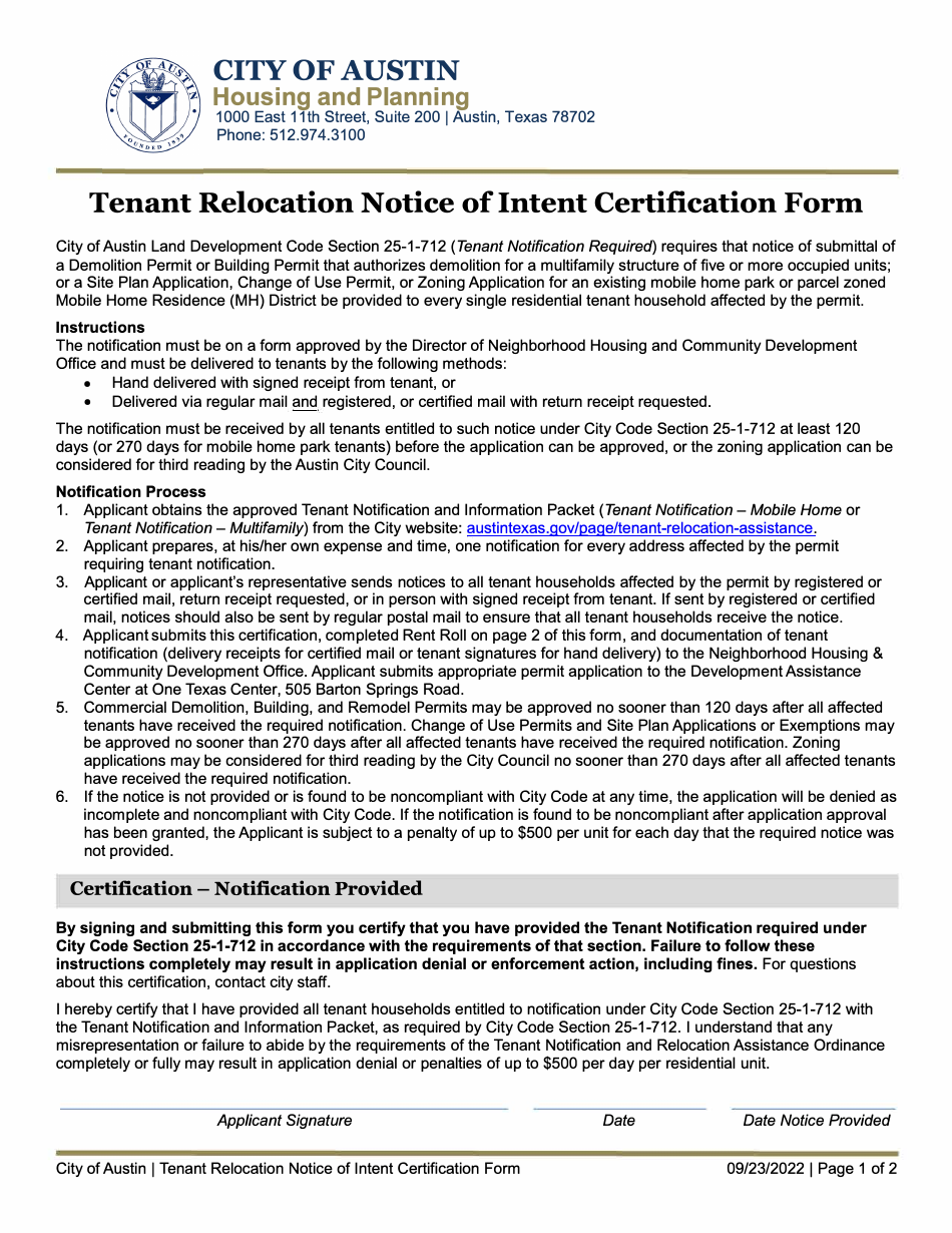 Tenant Relocation Notice of Intent Certification Form - City of Austin, Texas, Page 1