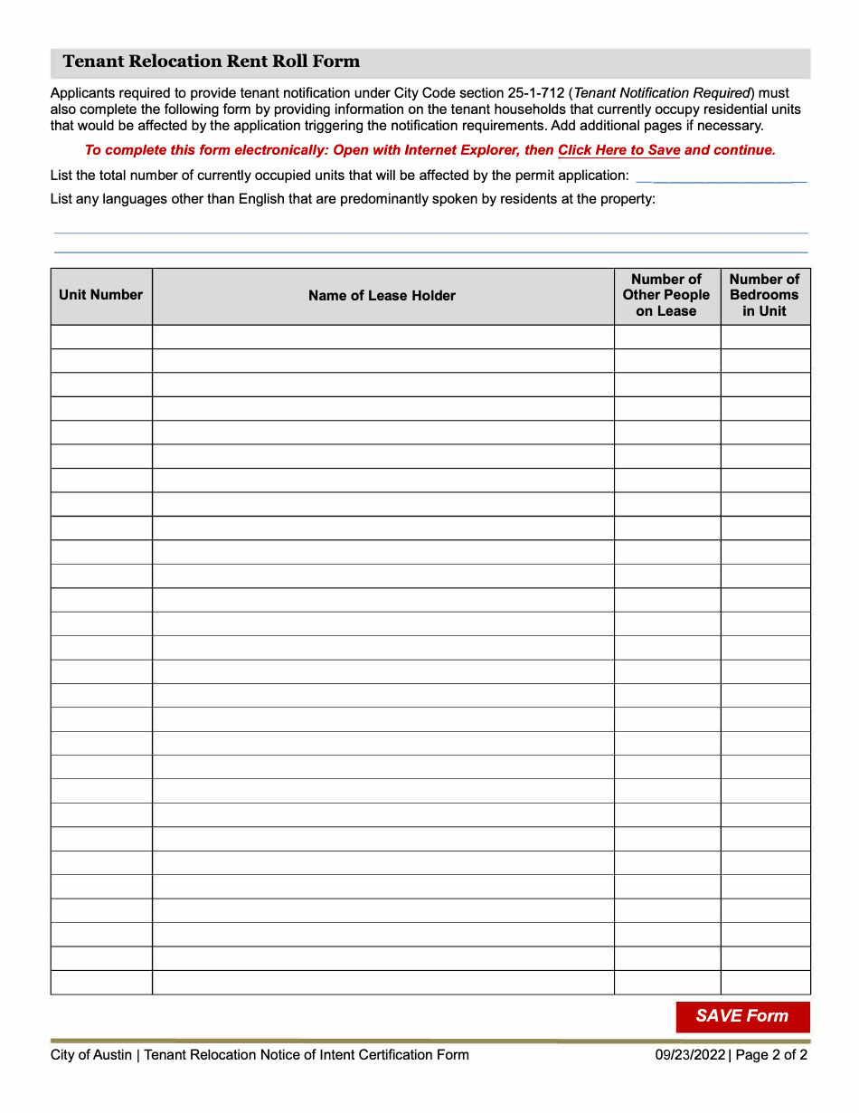 Tenant Relocation Notice of Intent Certification Form - City of Austin, Texas, Page 2