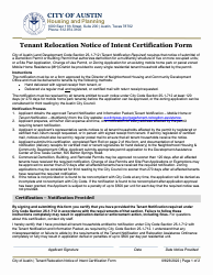 Document preview: Tenant Relocation Notice of Intent Certification Form - City of Austin, Texas