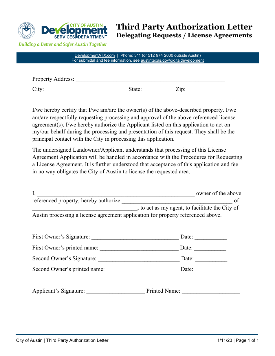 Third Party Authorization Letter - Delegating Requests / License Agreements - City of Austin, Texas, Page 1