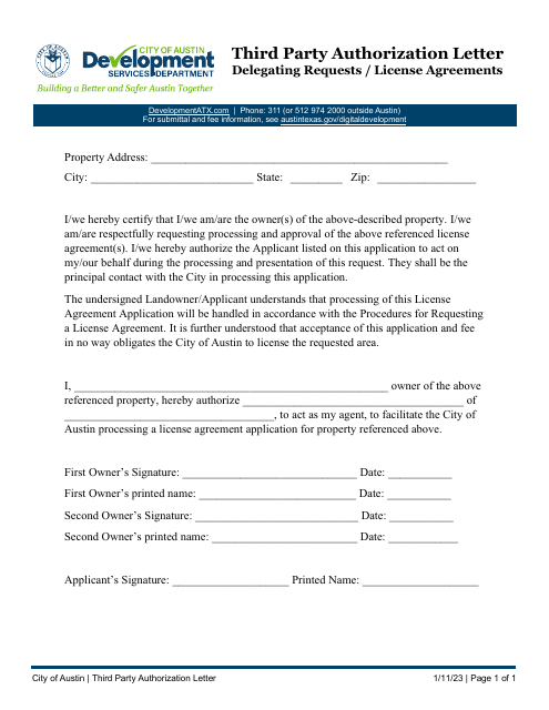 Third Party Authorization Letter - Delegating Requests / License Agreements - City of Austin, Texas Download Pdf