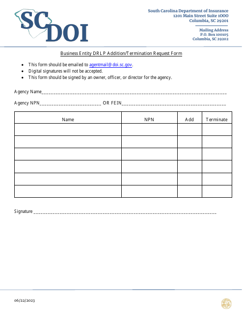 Business Entity Drlp Addition/Termination Request Form - South Carolina