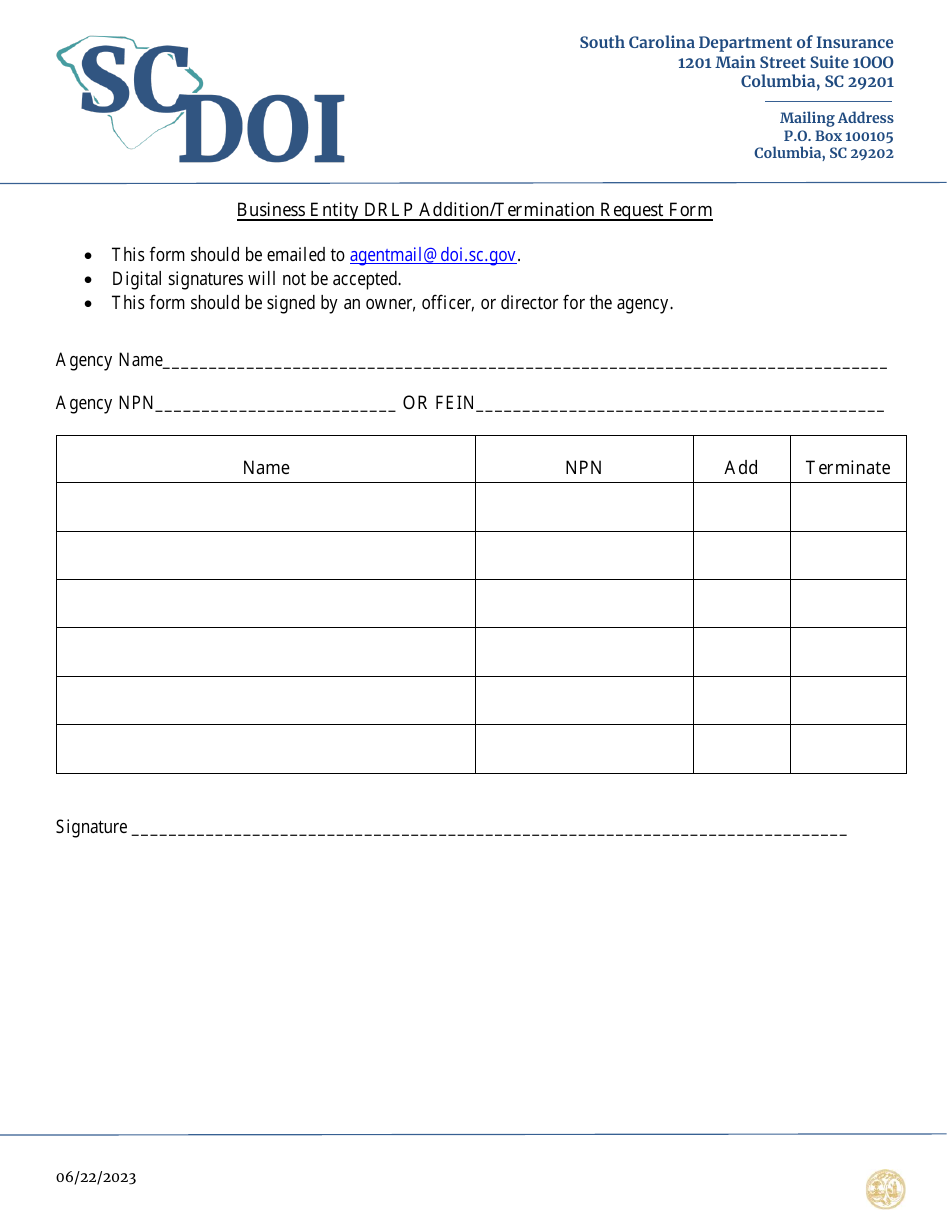 Business Entity Drlp Addition / Termination Request Form - South Carolina, Page 1