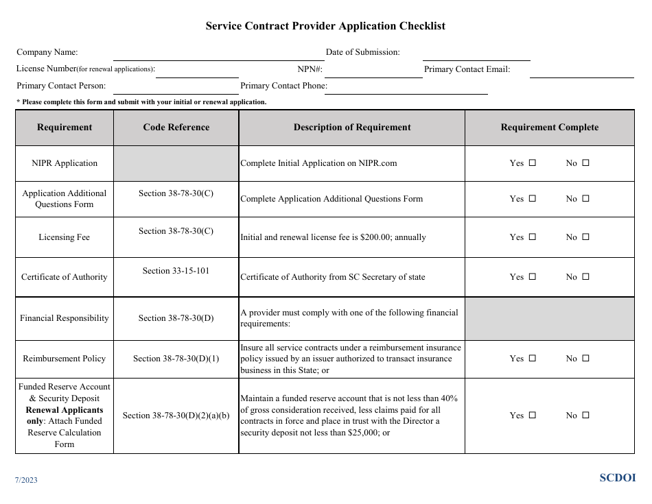 Service Contract Provider Application Checklist - South Carolina, Page 1