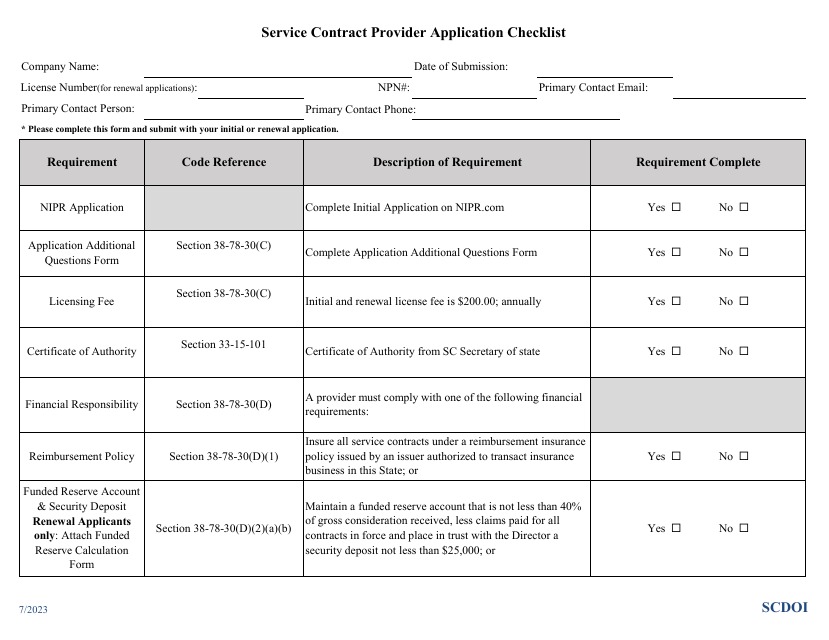 Service Contract Provider Application Checklist - South Carolina Download Pdf