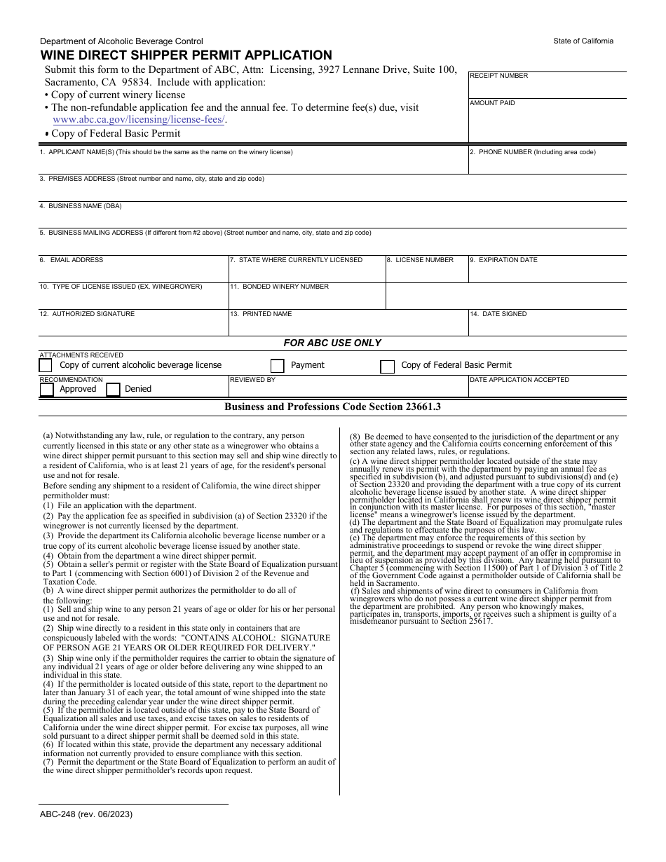 Form Abc 248 Download Fillable Pdf Or Fill Online Wine Direct Shipper