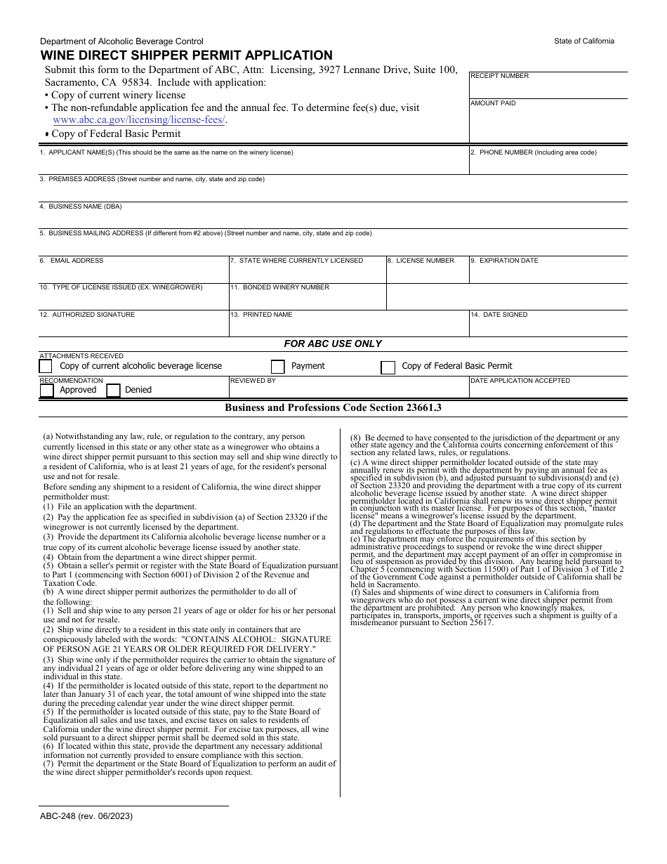 Form ABC-248 Wine Direct Shipper Permit Application - California, Page 1