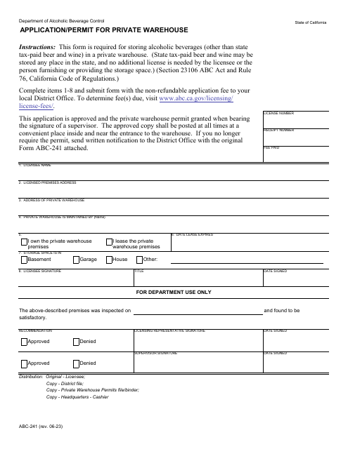 Form ABC-241 Application/Permit for Private Warehouse - California