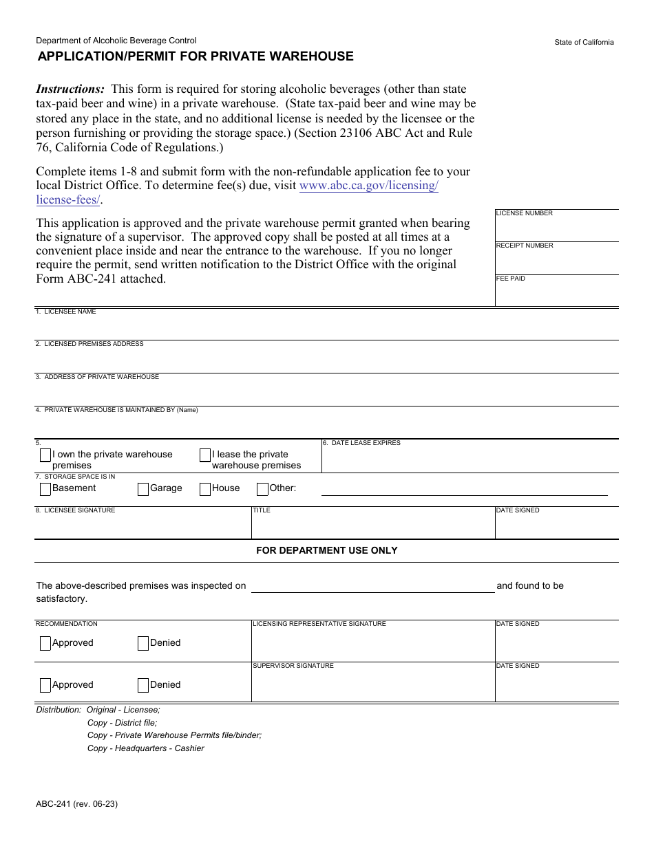Form ABC-241 Application / Permit for Private Warehouse - California, Page 1