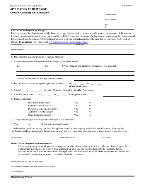 Form ABC-405M Application to Determine Qualifications of Manager - California