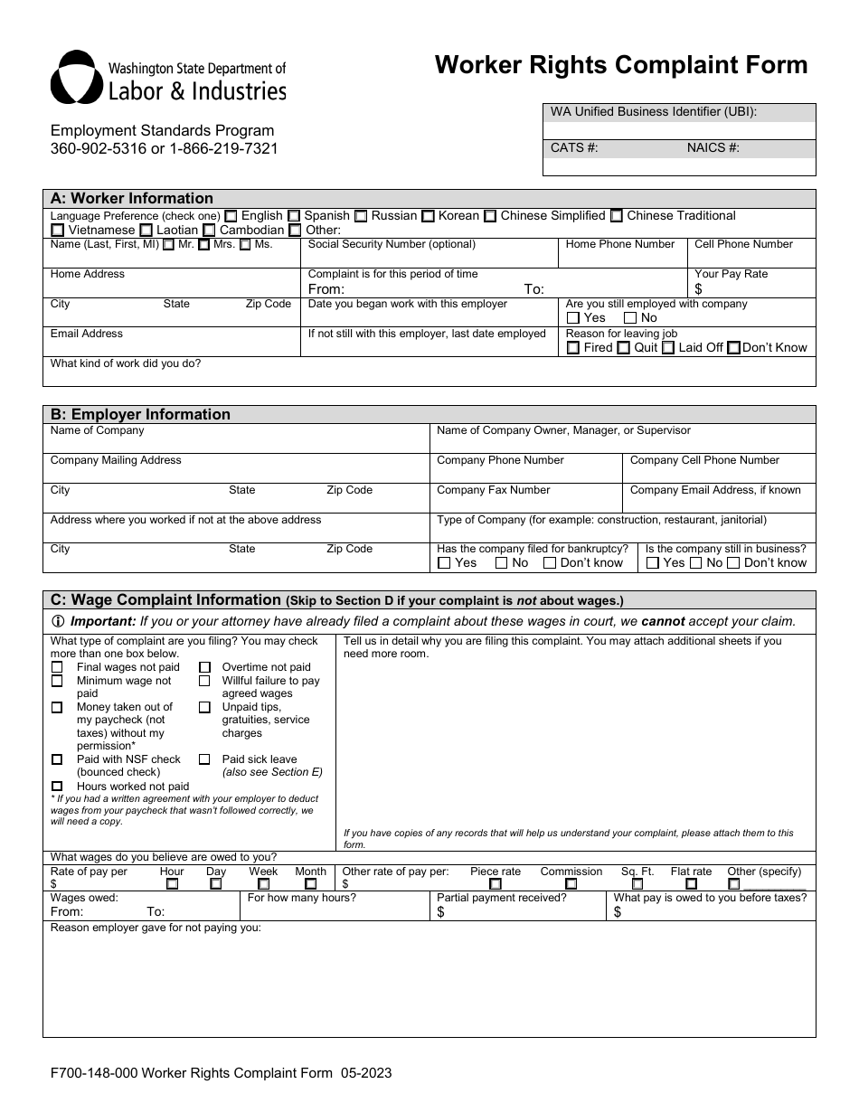 Form F700-148-000 Worker Rights Complaint Form - Washington, Page 3