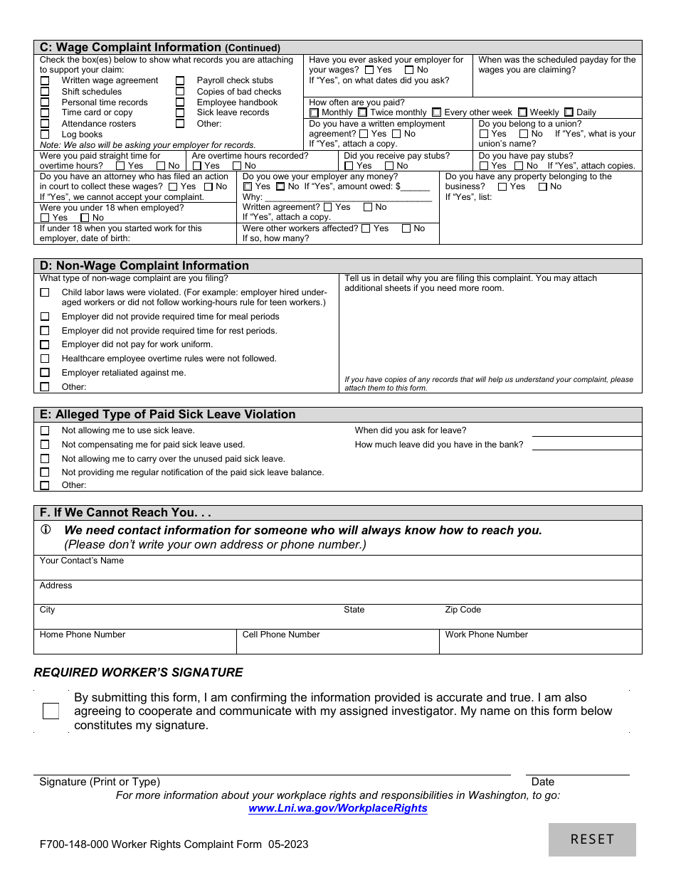 Form F700-148-000 Worker Rights Complaint Form - Washington, Page 4